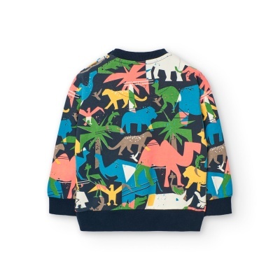 Casaco infantil colorido com padrão de animais e palmeiras.