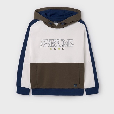 Camisola de criança com capuz branca, azul e castanha com texto bordado