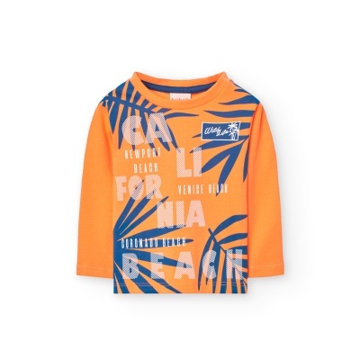 Camisola laranja com estampado azul escuro e texto em branco e azul