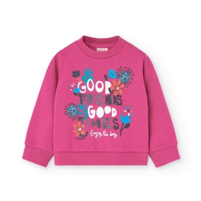 Sweatshirt rosa infantil com padrão de flores e texto colorido