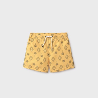Calções de banho amarelos com padrão geométrico e palmeiras pretas