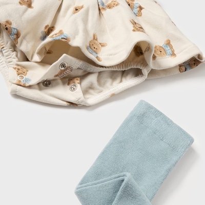 Conjunto infantil saia-cueca creme com ursos e leggings azuis