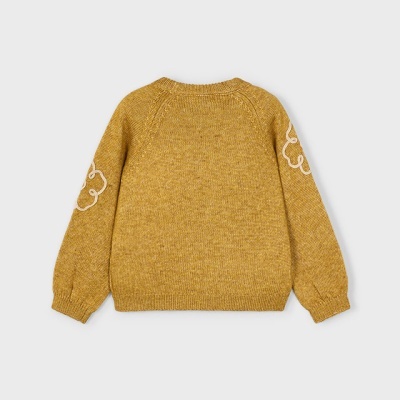 camisola de malha amarela com padrão branco nas mangas