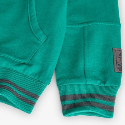 Detalhe das mangas verdes de casaco com punhos canelados e etiqueta castanha.