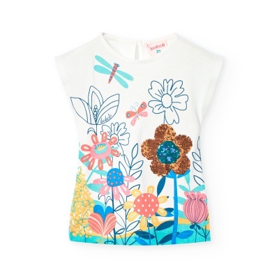 T-shirt branca de criança com flores coloridas e detalhes brilhantes