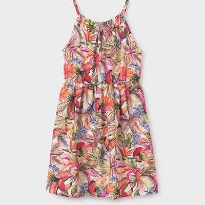 Vestido floral colorido de alças finas e cintura franzida