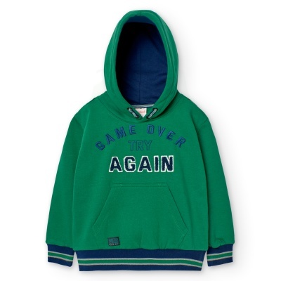 Sweatshirt verde com capuz e texto bordado 'GAME OVER TRY AGAIN'