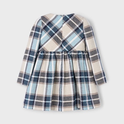 Vestido infantil xadrez azul e bege de manga comprida