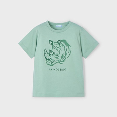 T-shirt verde clara com desenho de rinoceronte e texto RHINOCEROS