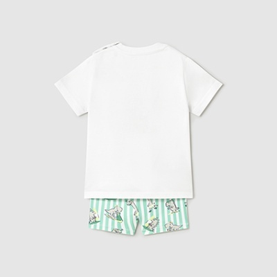 Pijama infantil t-shirt branca e calções verdes com riscas e cães cartoon