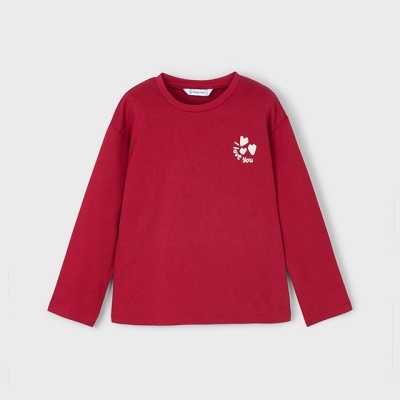 Camisola vermelha de manga comprida com estampado branco de corações e texto I LOVE YOU no peito