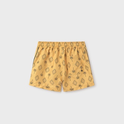 calções amarelos com padrão preto e cintura elástica