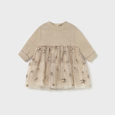 vestido infantil bege com saia em tule bordado