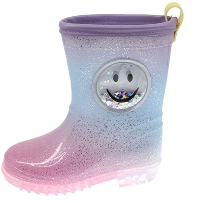 Bota de chuva infantil rosa e lilás com glitter e carinha sorridente na lateral
