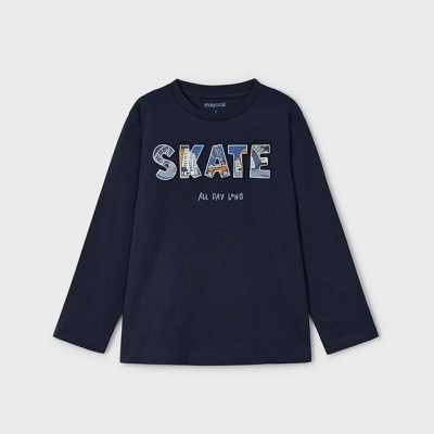 Camisola azul escuro de manga comprida para criança com texto decorado SKATE e ALL DAY LONG