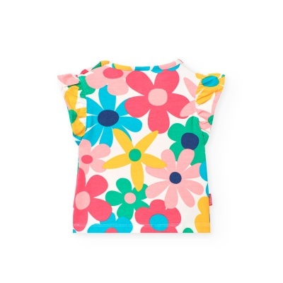 T-shirt infantil colorida com padrão floral e mangas curtas franzidas.