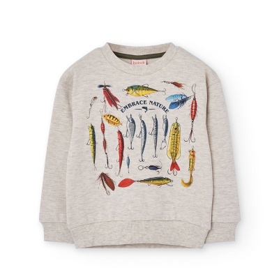 Sweatshirt infantil cinzento claro com estampado colorido de iscas de pesca e texto na frente
