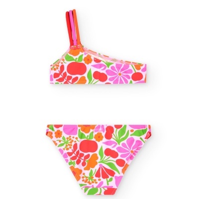 Biquíni infantil com padrão floral colorido em tons de rosa e vermelho