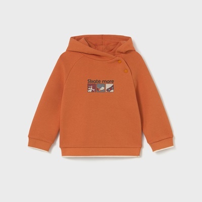 Sweatshirt com capuz laranja com texto e imagens na frente
