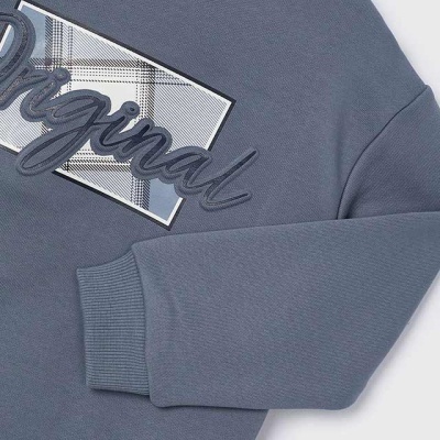 Camisola cinzenta com padrão xadrez e texto Original em relevo