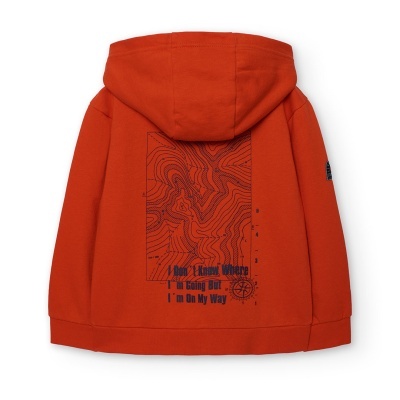 Camisola de criança laranja com capuz e estampado em preto nas costas