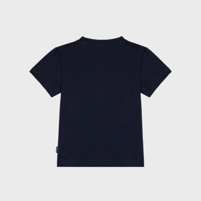 Camisola azul escura de criança, vista de costas