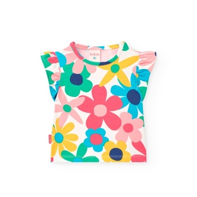 Camisola infantil branca com flores coloridas e mangas com folhos