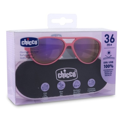 Óculos de sol Chicco rosa com lentes escuras e estojo preto na embalagem