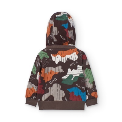 Sweatshirt com capuz colorida infantil vista de trás com padrão camuflado e texto branco