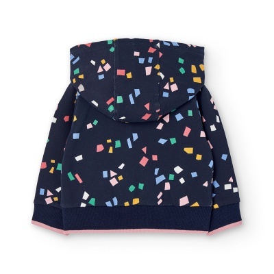 Casaco azul escuro com capuz e padrão de confetes coloridos