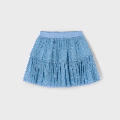 Saia infantil azul com bolinhas prateadas e cós elástico