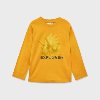 Camisola amarela de criança com estampa de dinossauro e texto EXPLORER