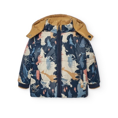 Casaco infantil acolchoado camuflado azul e bege com capuz amarelo