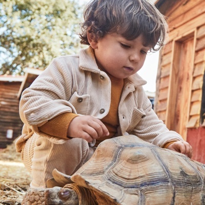 Criança com casaco bege com uma tartaruga grande no exterior perto de edifícios de madeira