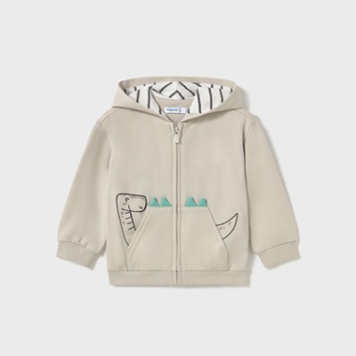 Casaco criança bege com capuz e estampa dinossauro.