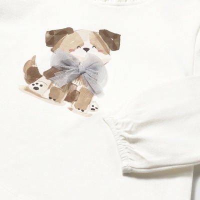 Camisola branca para bebé com estampa de cão e laço de tule cinza