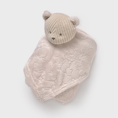 Fralda ou manta para bebé bege com padrão e cabeça de urso de tecido