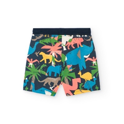 Calções infantis coloridos com padrões de animais e plantas em azul escuro