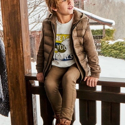 Menino com casaco castanho sentado em corrimão de madeira com neve ao fundo