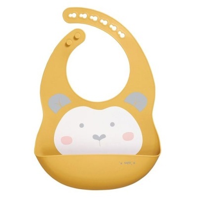 Babete amarelo com rosto de macaco e bolso para comida