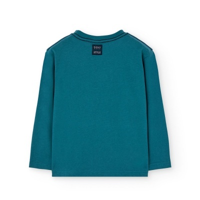 Camisola azul-turquesa de manga comprida vista de costas com etiqueta preta no pescoço