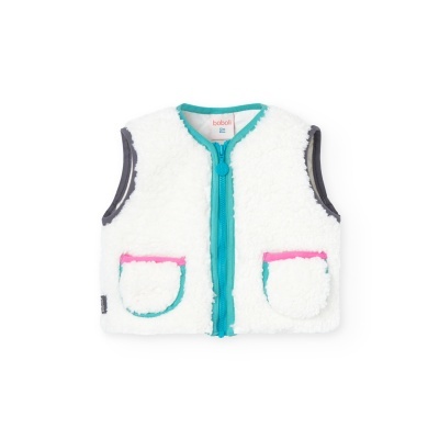 Colete infantil branco felpudo com bolsos e fecho de correr turquesa