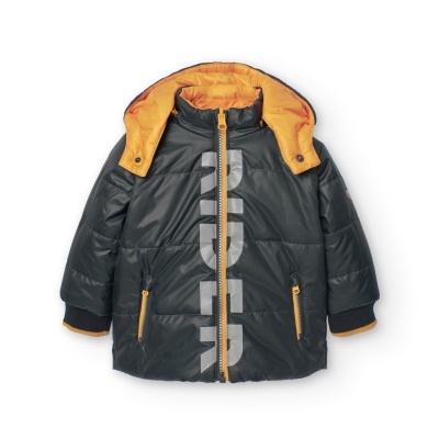 Casaco infantil preto com interior amarelo e texto RIDE