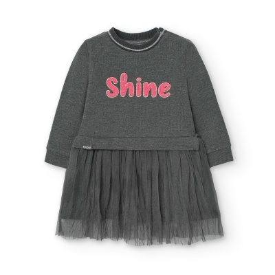 Vestido infantil cinzento com palavra 'shine' rosa e saia em tule