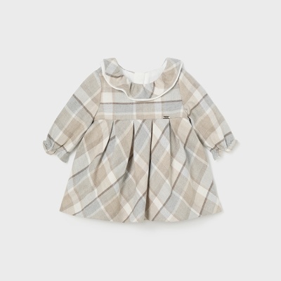 Vestido de bebé xadrez bege, branco e cinza com gola e mangas compridas