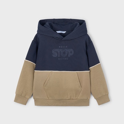 Camisola com capuz azul escuro e bege para criança com texto 'NEVER STOP'