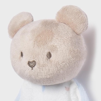 Peluche de urso castanho claro com corpo branco e pontos coloridos
