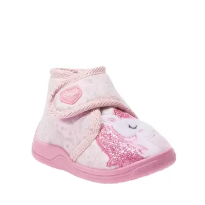 Pantufa infantil rosa com unicórnio e coração