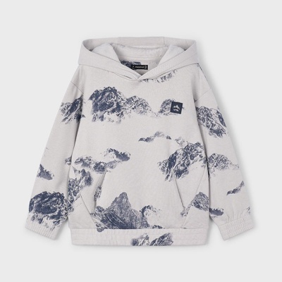 Sweatshirt cinza claro com padrão de montanhas azuis escuras e capuz.