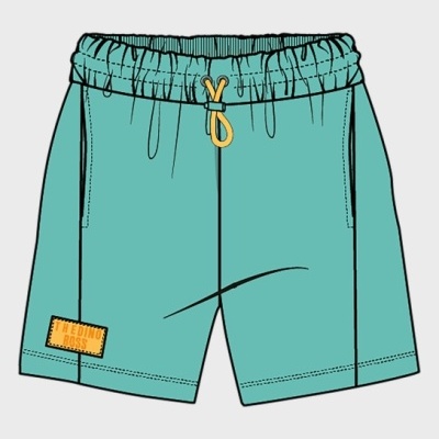 Calções verdes água com cordão amarelo e etiqueta AMEDING BOSS